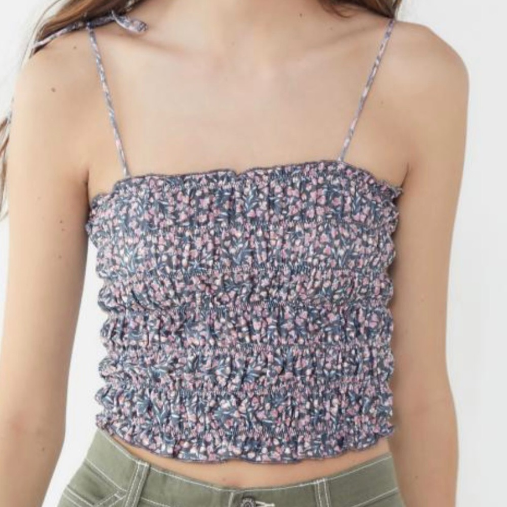 Urban Outfitters grey pink floral cropped smocked tie strap top